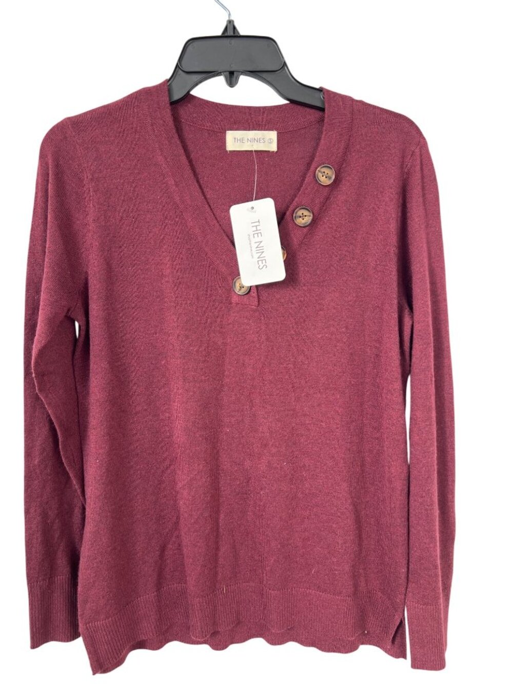 The Nines Sweater Small Button V-Neck Long Sleeve Pullover Burgundy Knitwear NEW